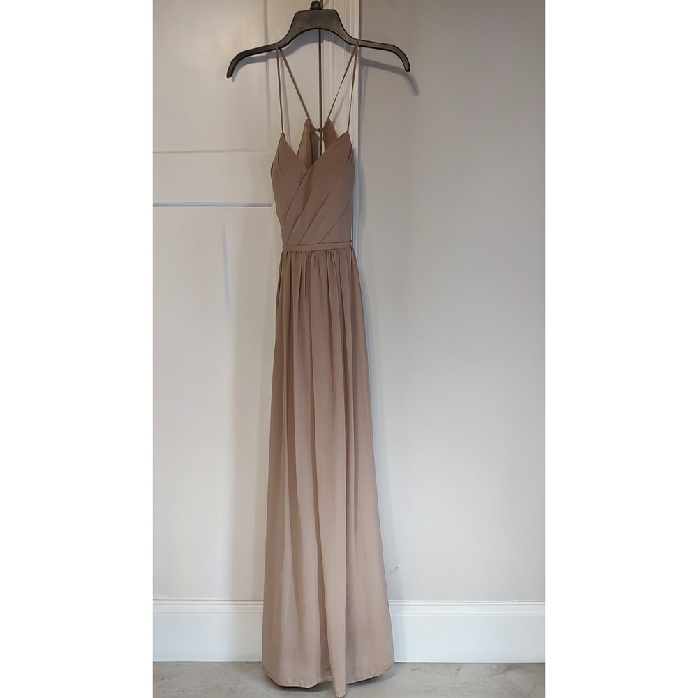 NWT Formal Long Dress Azazie Sz 8 A8 Homecoming Taupe Tan Flowy Front Split